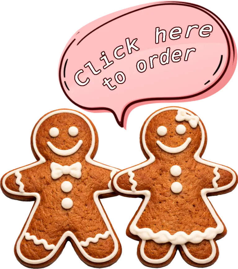 Zwei Lebkuchenmänner mit Sprechblase "Click here to order"